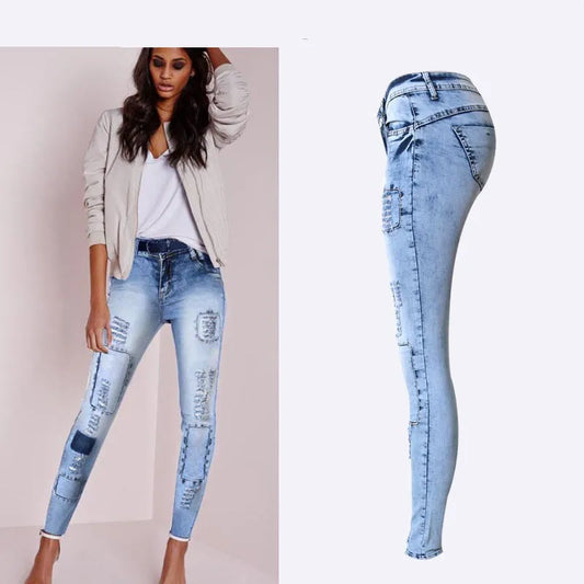 Patchwork Skinny Tights Women Pencil Jeans High Stretch Sexy Push Up Denim