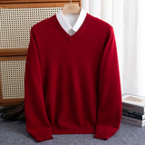 Pure Wool Pullover Men Basic Knitwear Sweater V-Neck