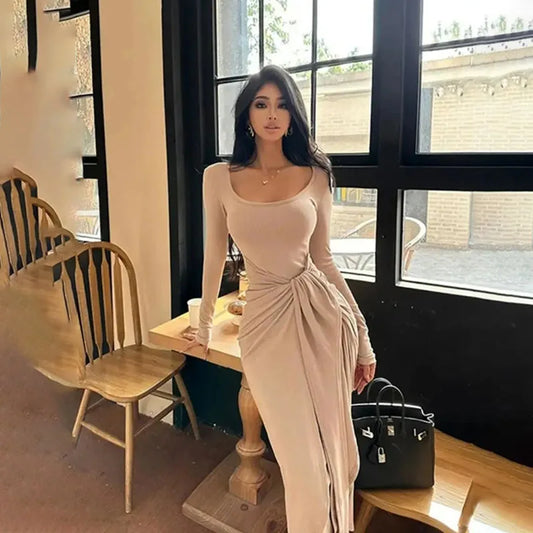 Women Autumn Split Bandage Dress High Waist Long Sleeve O-neck Streetwear