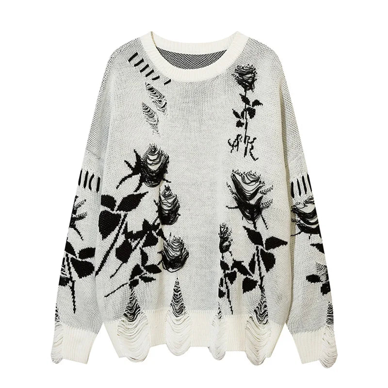 Woman Ripped Vintage Flower Sweater Autumn Winter Casual