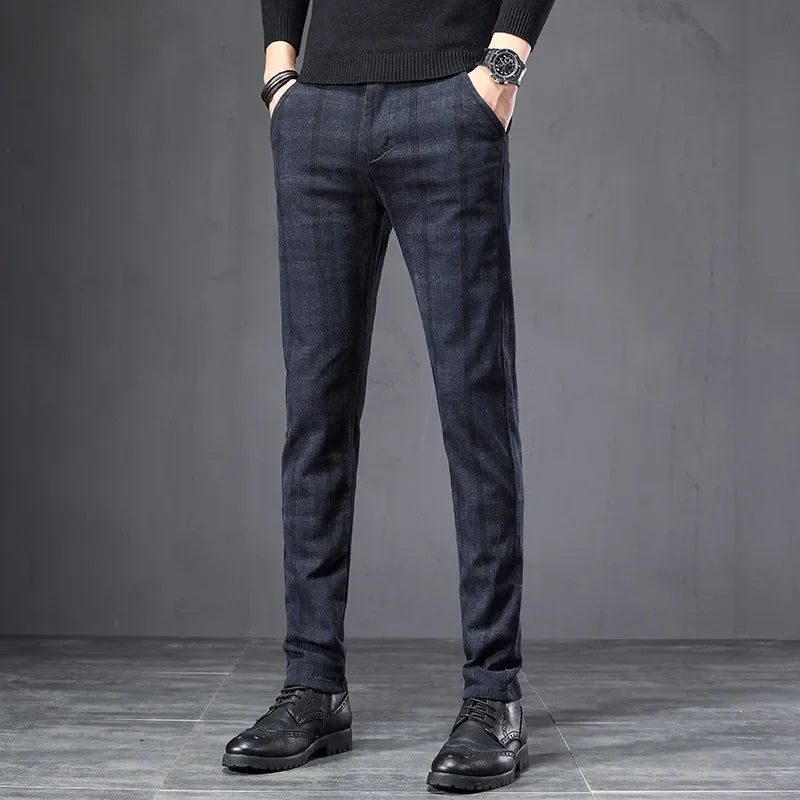 Autumn Men's Brushed Plaid Casual Pants Korean Style