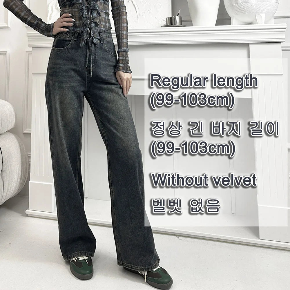 Fleece-lined Straight Denim Pants For Female Autumn Winter