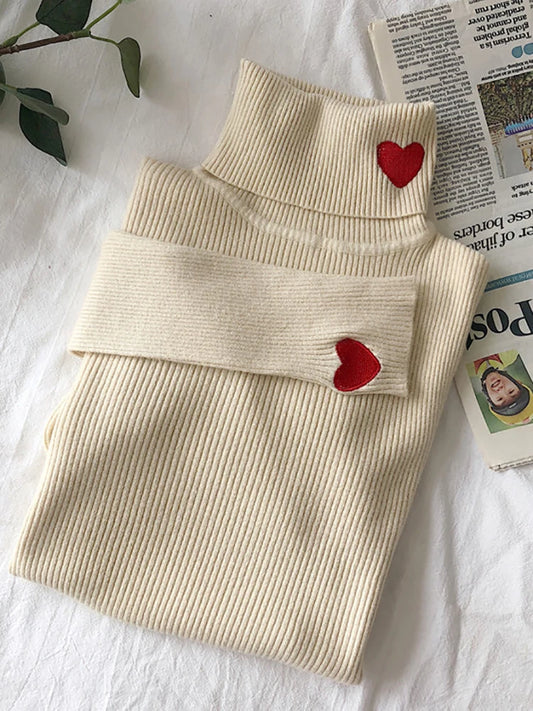 2024 Women's Heart Embroidered Ribbed Turtleneck Sweater