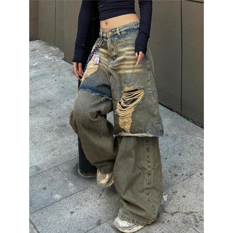 Punk Ripped Y2K Baggy Jeans Women Tassel Denim Pants