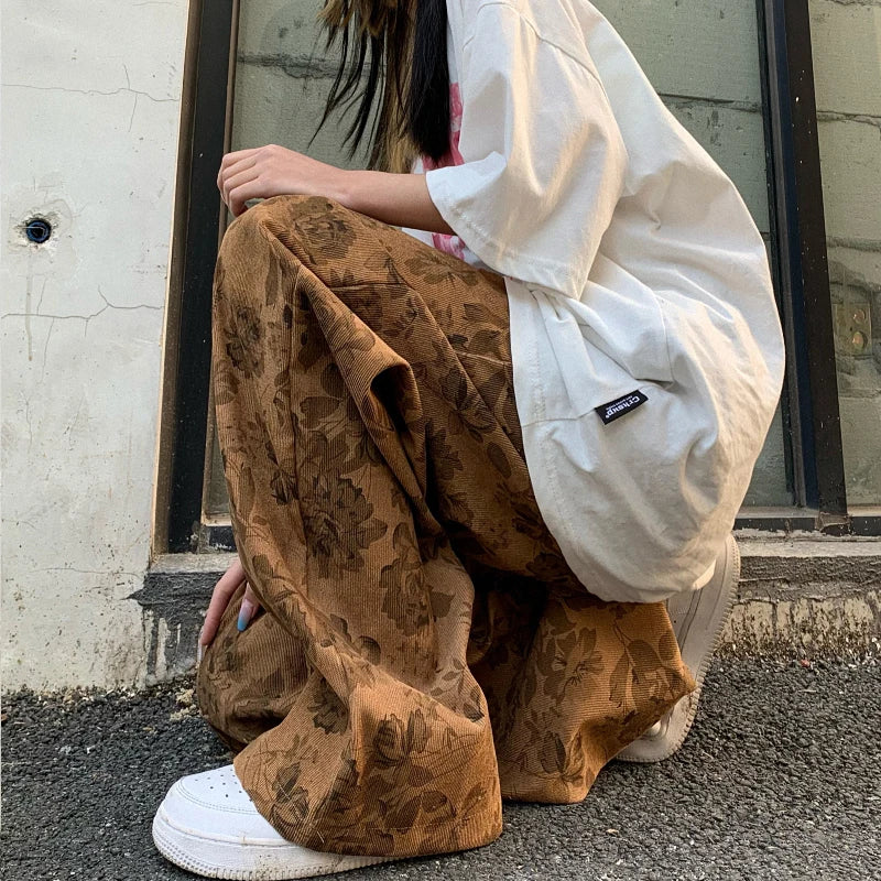 Vintage Khaki Floral Casual Pants Elevate Your Streetwear with Feminine Style