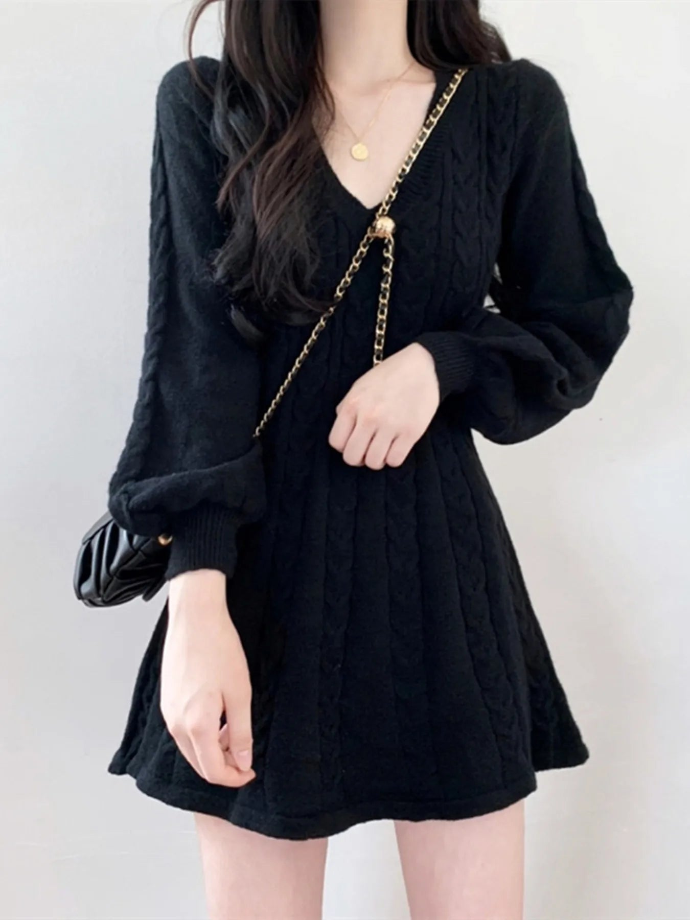 Mini Dress Women Autumn Long Sleeve V-Neck Knitted