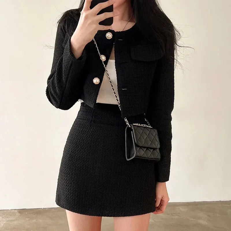 Pearl Buttons Short Jacket + A-line Mini Skirt 2 Piece Sets