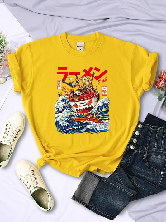 A Bowl Of Comic Noodles Prints T-Shirts For Women Casual Clothing