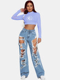 Women's Blue High Waist Ripped Straight Jeans Loose Fit Denim