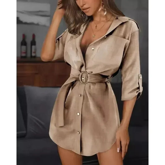 Trendy Lace Up Cardigan Solid Color Shirt Dress With Rolled Sleeves