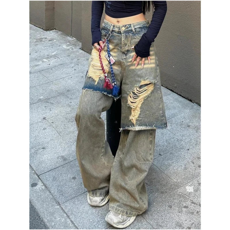 Punk Ripped Y2K Baggy Jeans Women Tassel Denim Pants