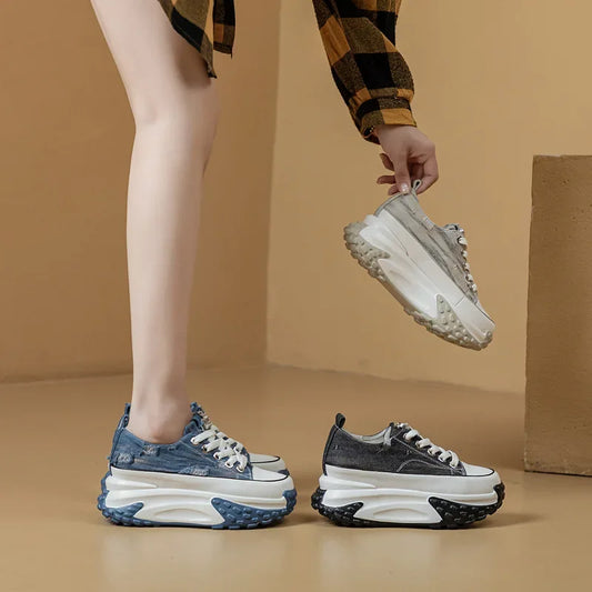 Denim Genuine Leather Platform Wedge Sneakers With Rhinestones