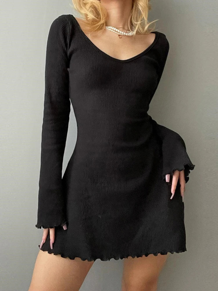 Knitting Elegant Dress Spring Fall Solid V Neck