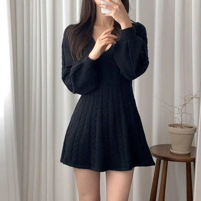 Elegant Knitted Mini Dress V Neck Sweater Winter Korean Lantern