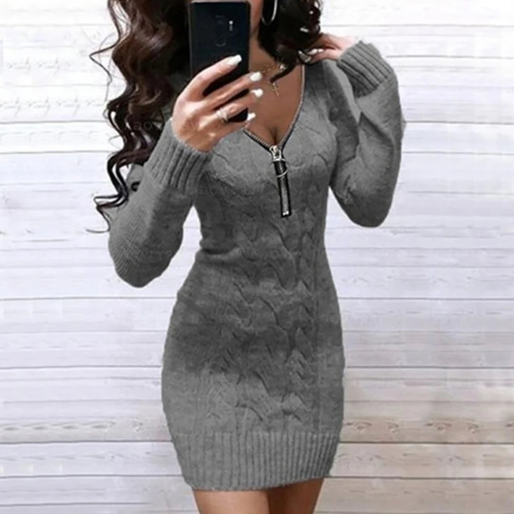 Slim Fit Knitted Sweater Dress Spring V-neck Zip Long Sleeve