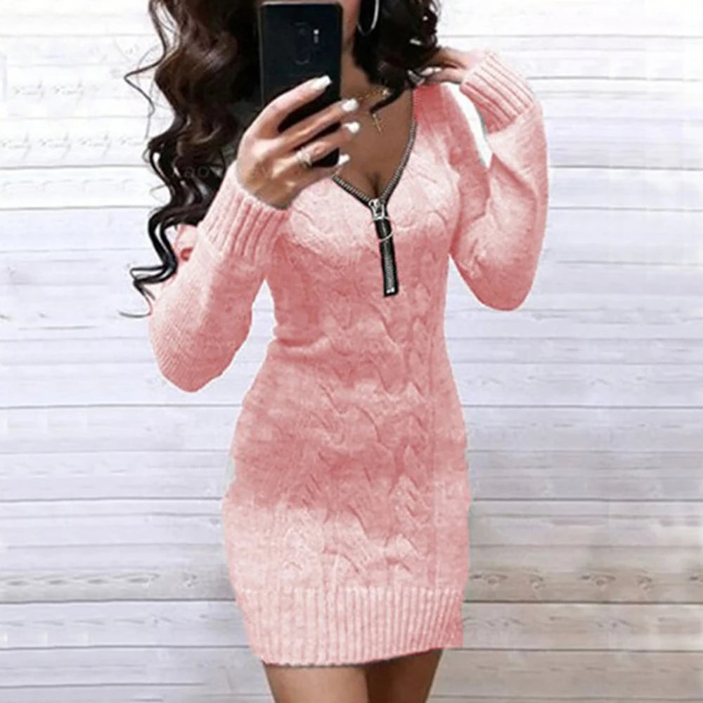 Slim Fit Knitted Sweater Dress Spring V-neck Zip Long Sleeve