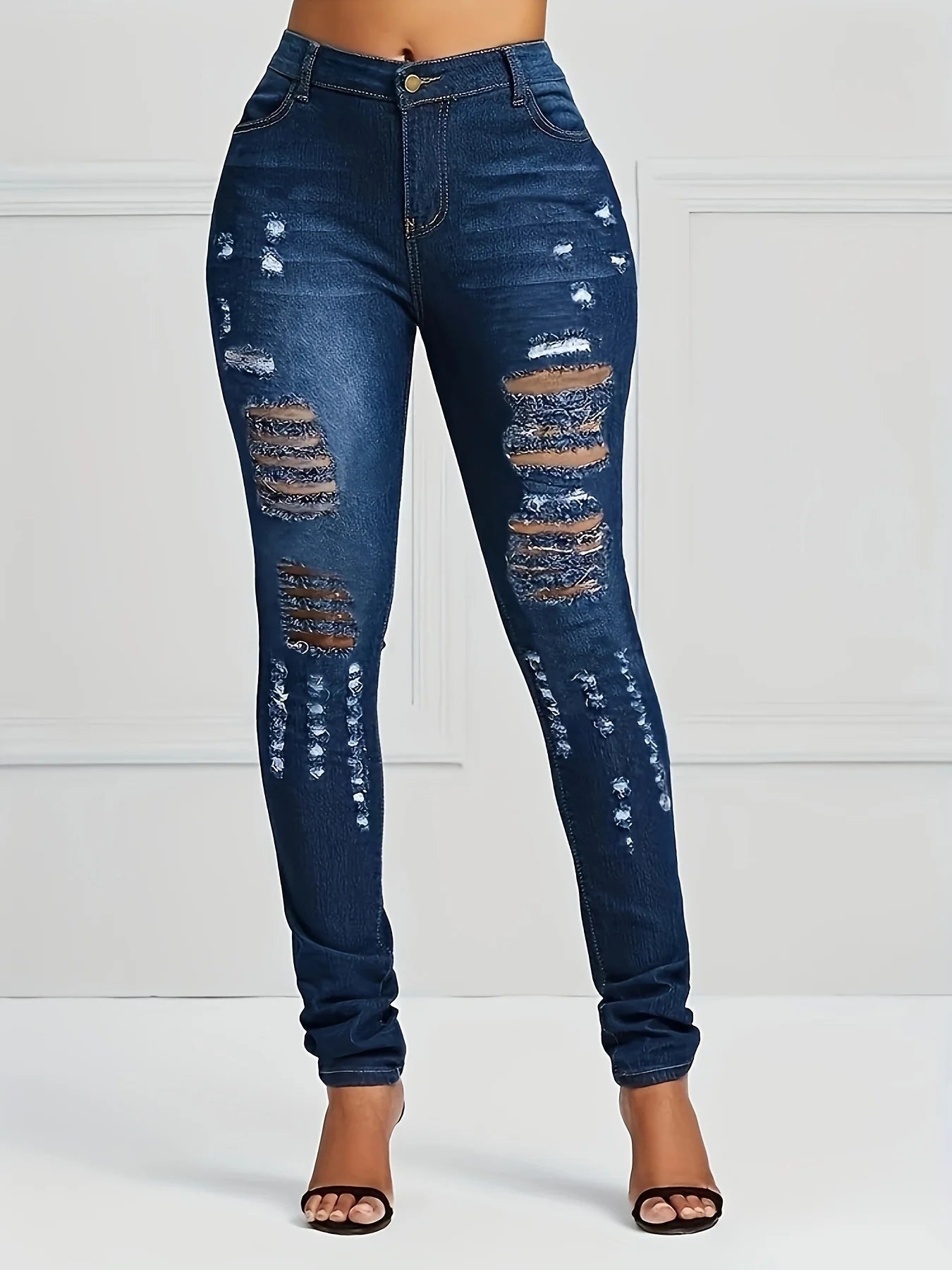 Women's High Waist Distressed Skinny Jeans Ripped Blue Denim