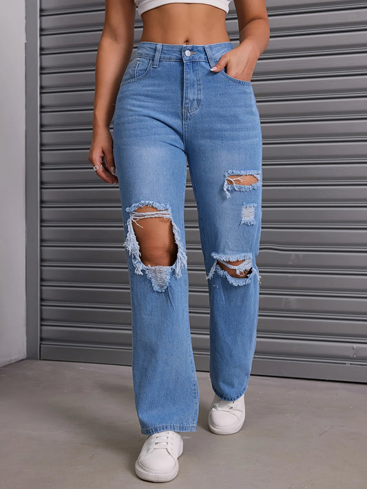 Women's Blue Ripped High Waist Straight Jeans Wide Leg Loose Fit