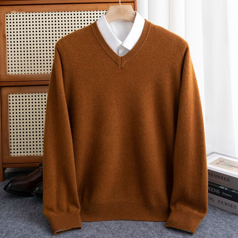 Pure Wool Pullover Men Basic Knitwear Sweater V-Neck