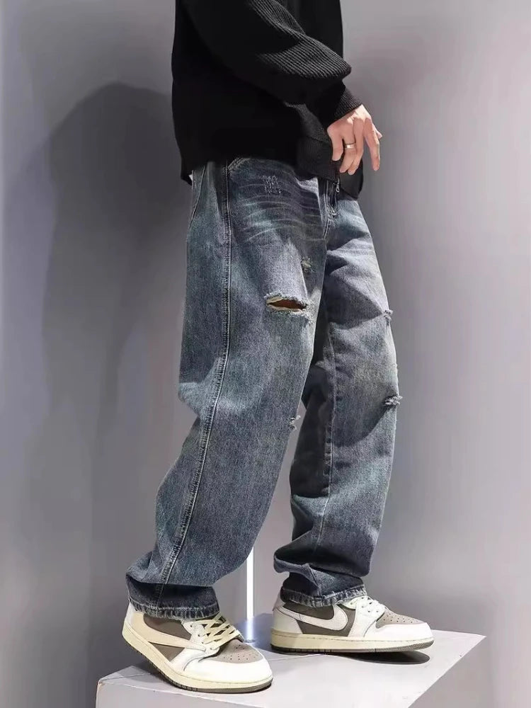 Men's Ripped Baggy Straight Vintage Denim Pants Streetwear