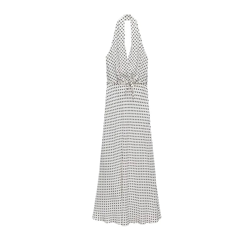 Polka Dot Halter Dress  Crossover Backless Midi