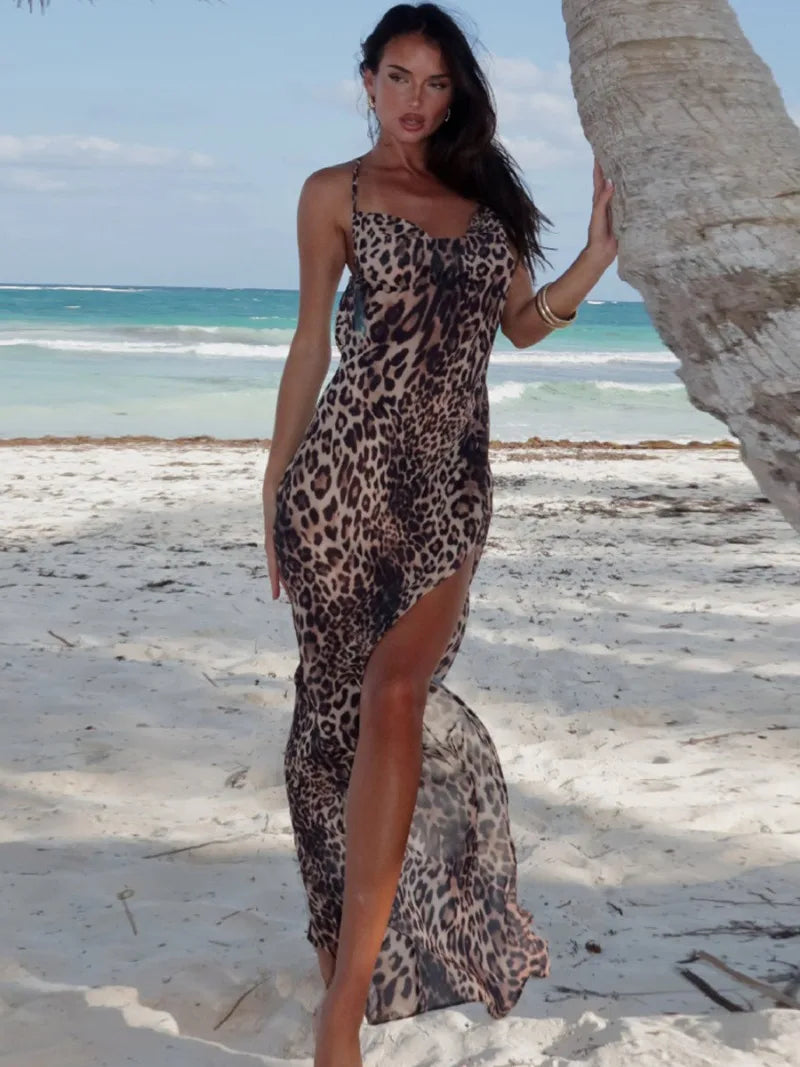 2024 Summer Leopard Print Long Party Dress Elegant High Waist Slip