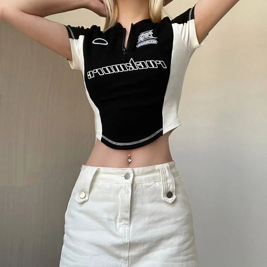 Black Women's Crop Top T-shirt Summer Letter Embroidery