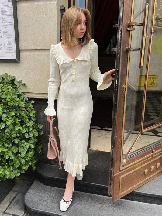 Autumn Winter Vintage Ruffle Knitted Sweater Dress