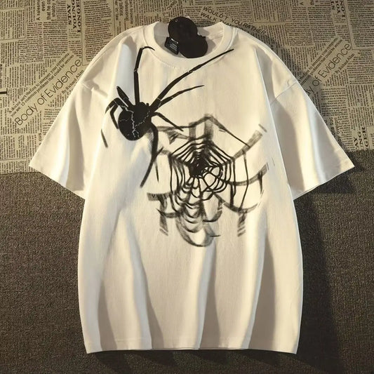 American Retro Spider Print Cotton T-Shirt Women Summer Loose