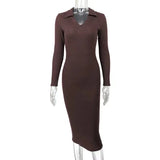 Autumn Winter Long Sleeve Knitted V-neck Sweater Dress