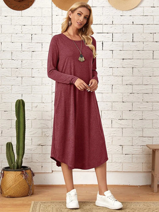 Midi Dress Women Solid Vintage Long Sleeve