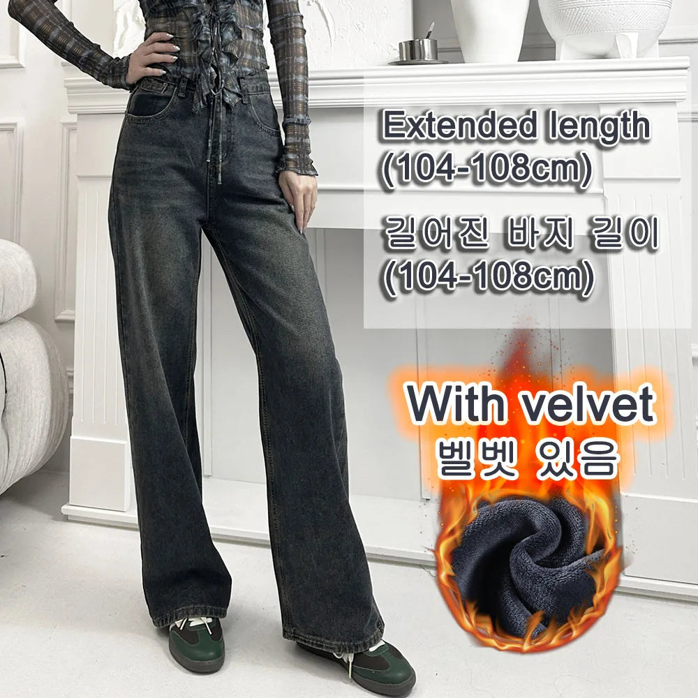 Fleece-lined Straight Denim Pants For Female Autumn Winter