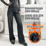 Fleece-lined Straight Denim Pants For Female Autumn Winter