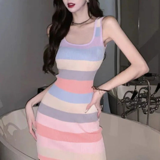 Slim Striped Dresses Women Autumn Sweet Sleeveless High Waist Knit