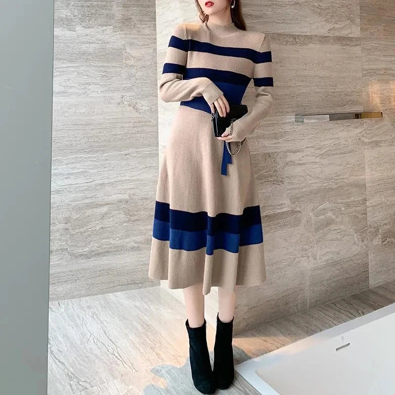 Elegant striped thick sweater dress female 2024 spring