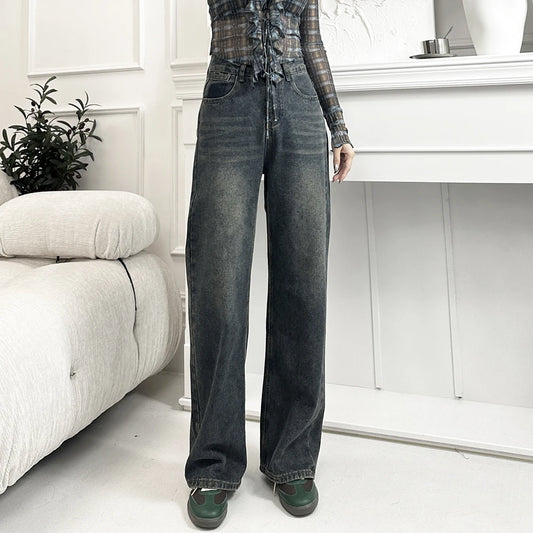 Fleece-lined Straight Denim Pants For Female Autumn Winter