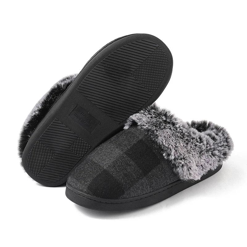 Plaid Thicken Plush Fur Slippers Women 2024 Winter