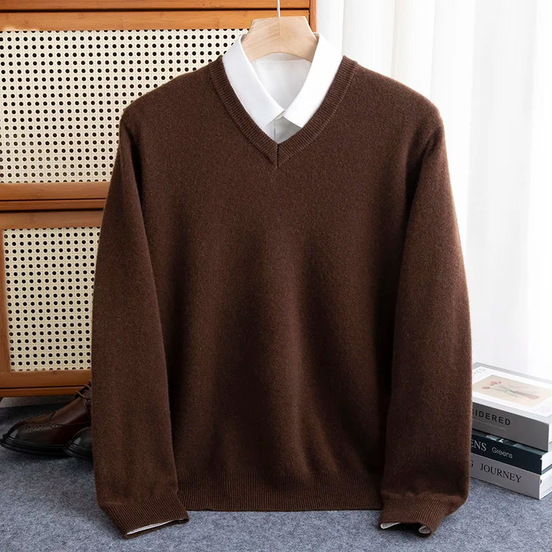 Pure Wool Pullover Men Basic Knitwear Sweater V-Neck