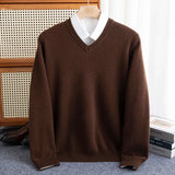 Pure Wool Pullover Men Basic Knitwear Sweater V-Neck