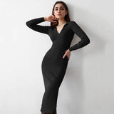 Autumn Winter Long Sleeve Knitted V-neck Sweater Dress