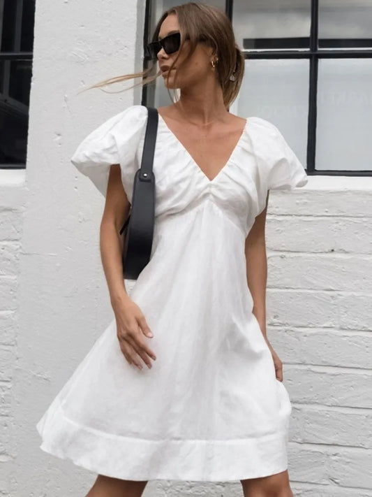 2024 Summer V-neck Puff Sleeve White Cotton Dress