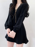 Mini Dress Women Autumn Long Sleeve V-Neck Knitted