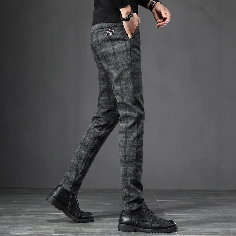 Autumn Men's Brushed Plaid Casual Pants Korean Style