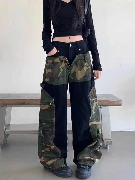 Women’s Chic Baggy Patchwork Camouflage Y2K Denim Jeans Harajuku