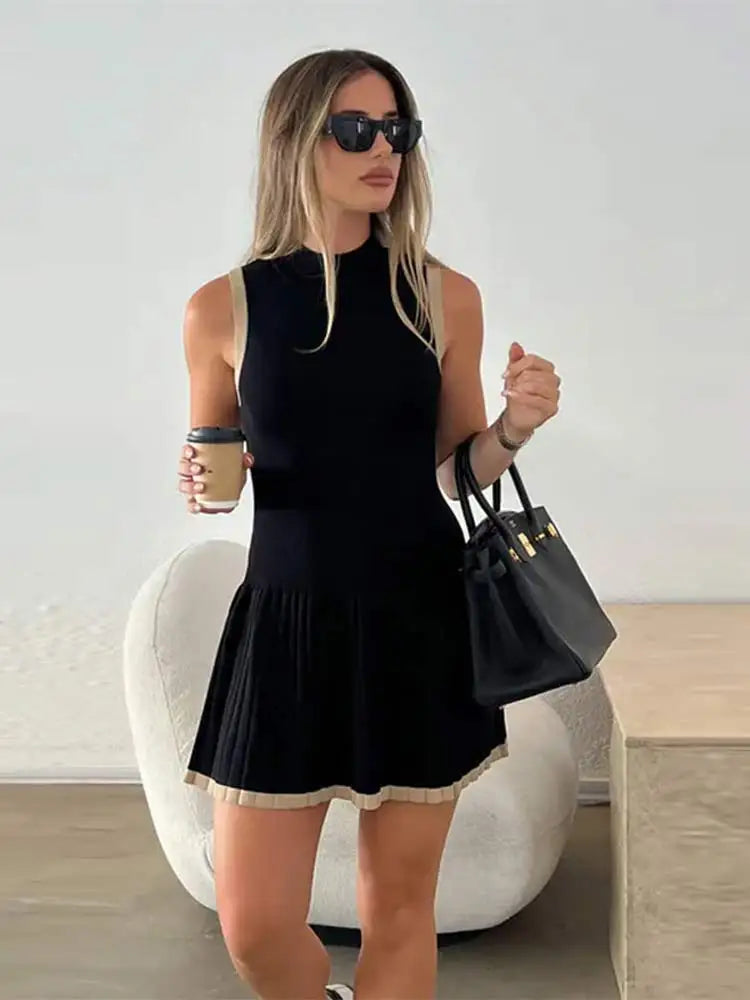 Knitted O-neck Mini Dress Elegant Sleeveless High Waist