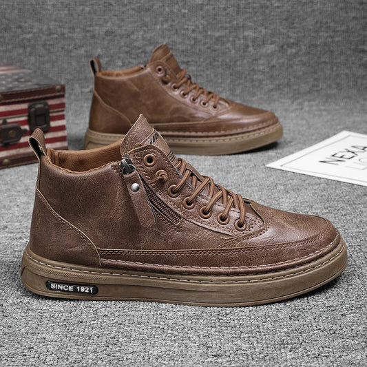 Brown High-Top Leather Casual Shoes