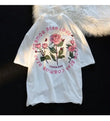 Women Rose Print Retro Casual T-Shirt