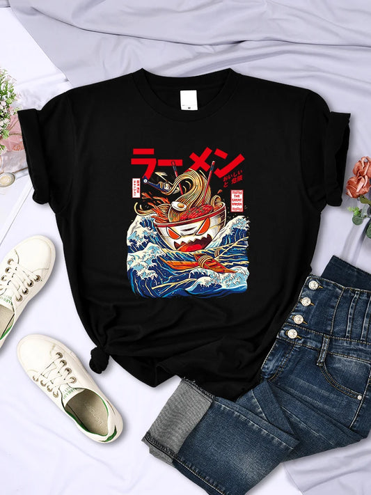 A Bowl Of Comic Noodles Prints T-Shirts For Women Casual Clothing