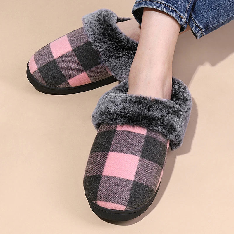 Plaid Thicken Plush Fur Slippers Women 2024 Winter