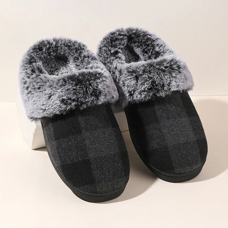 Plaid Thicken Plush Fur Slippers Women 2024 Winter